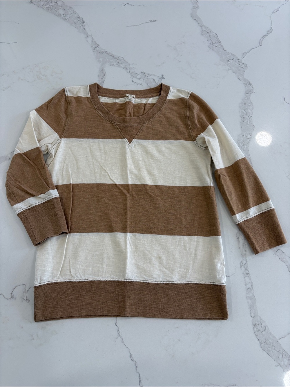 J. Crew Tan & White Wide Stripe 3/4 Sleeve Crew Neck Top Size XS